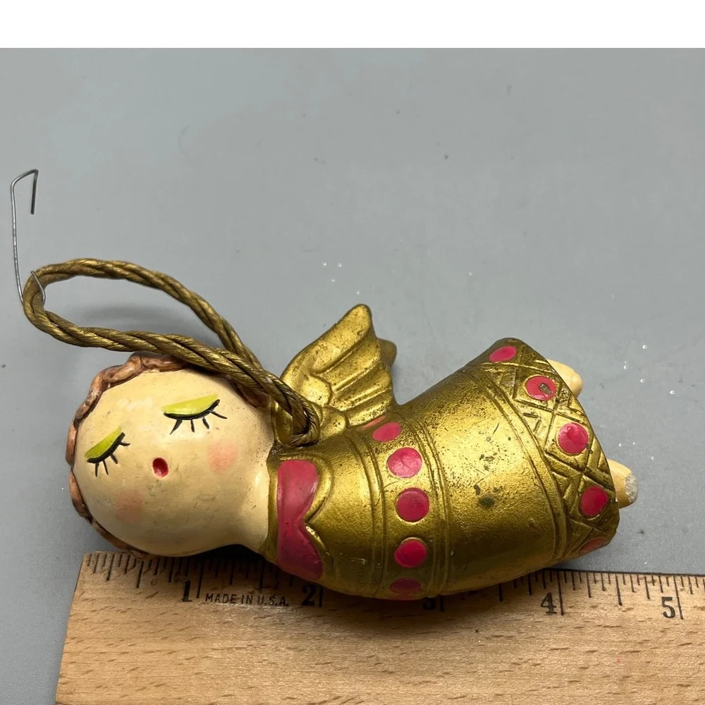 Vintage Mid Century‎ Flying Angel Christmas Ornament Gold Dress an Cord Japan